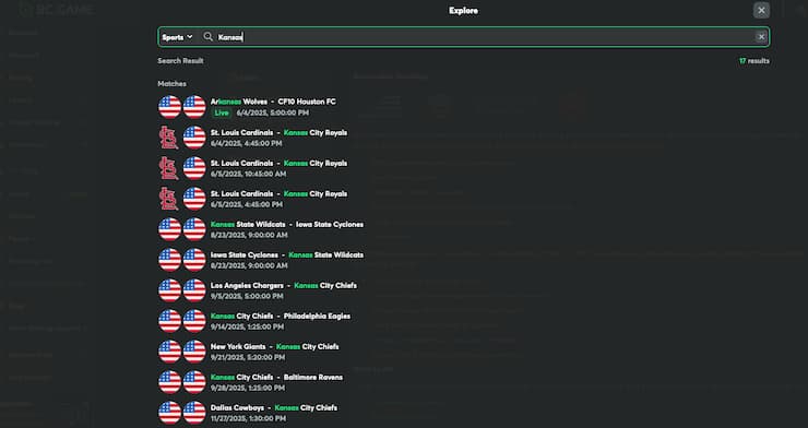 A view of the betting interface on BC Game, one of the best KS online sportsbooks.